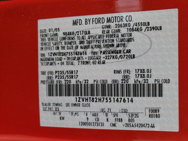 1ZVHT82H755147614 - 2005 FORD MUSTANG GT RED photo 13