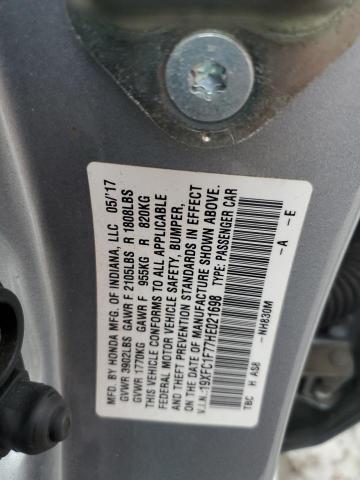 19XFC1F77HE021698 - 2017 HONDA CIVIC EXL ვერცხლისფერი ფოტო 12
