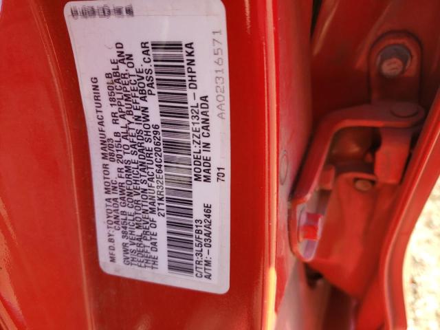 2T1KR32E64C206296 - 2004 TOYOTA COROLLA MA XR RED photo 13