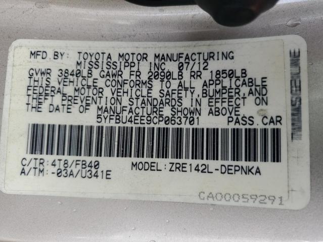 5YFBU4EE9CP063701 - 2012 TOYOTA COROLLA BASE GOLD photo 12