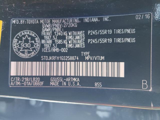 5TDJKRFH1GS258874 - 2016 TOYOTA HIGHLANDER XLE BLACK photo 13