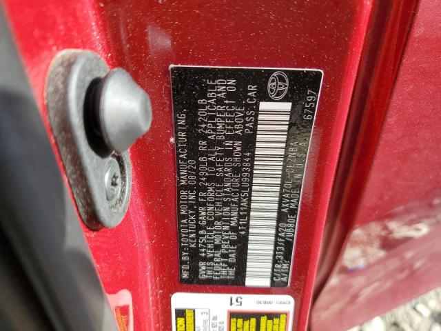 4T1L11AK5LU993844 - 2020 TOYOTA CAMRY LE RED photo 12