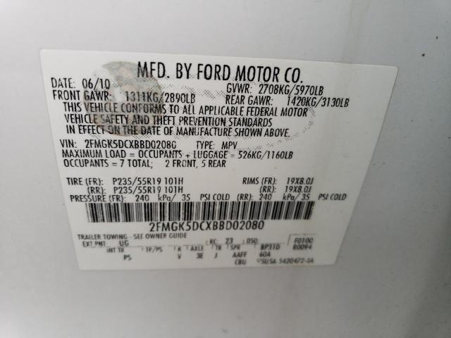 2FMGK5DCXBBD02080 - 2011 FORD FLEX LIMITED WHITE photo 13