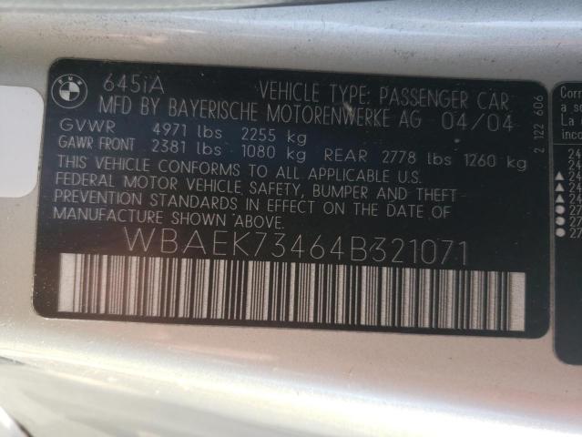 WBAEK73464B321071 - 2004 BMW 645 CI AUTOMATIC SILVER photo 12