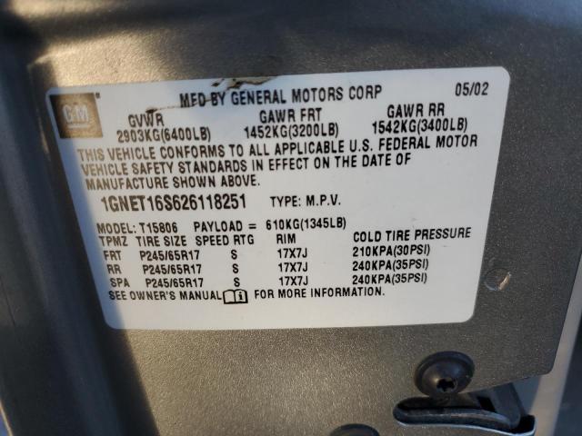 1GNET16S626118251 - 2002 CHEVROLET TRAILBLAZE EXT GRAY photo 13