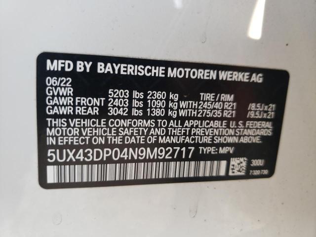 5UX43DP04N9M92717 - 2022 BMW X3 SDRIVE30I WHITE photo 13