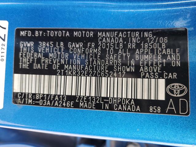 2T1KR32E27C652417 - 2007 TOYOTA COROLLA MA XR BLUE photo 12