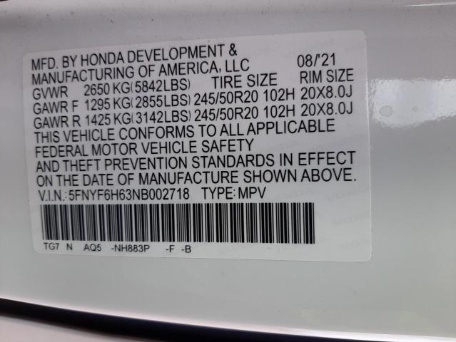 5FNYF6H63NB002718 - 2022 HONDA PILOT TOURING WHITE photo 13