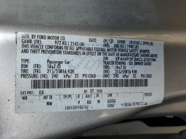 1FAHP3F24CL232196 - 2012 FORD FOCUS SE SILVER photo 12