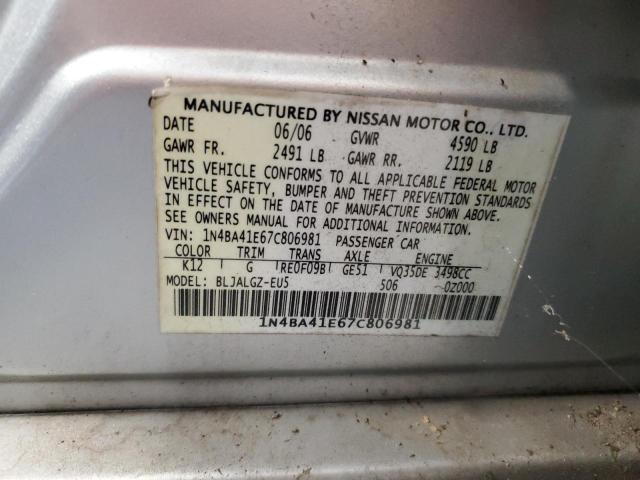 1N4BA41E67C806981 - 2007 NISSAN MAXIMA SE SILVER photo 12