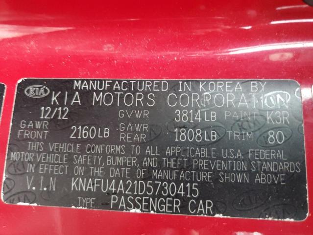 KNAFU4A21D5730415 - 2013 KIA FORTE EX RED photo 12