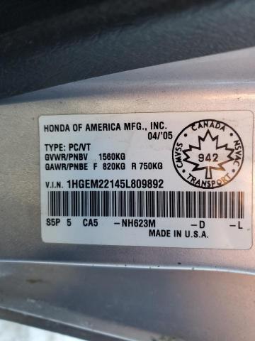 1HGEM22145L809892 - 2005 HONDA CIVIC DX VP SILVER photo 12