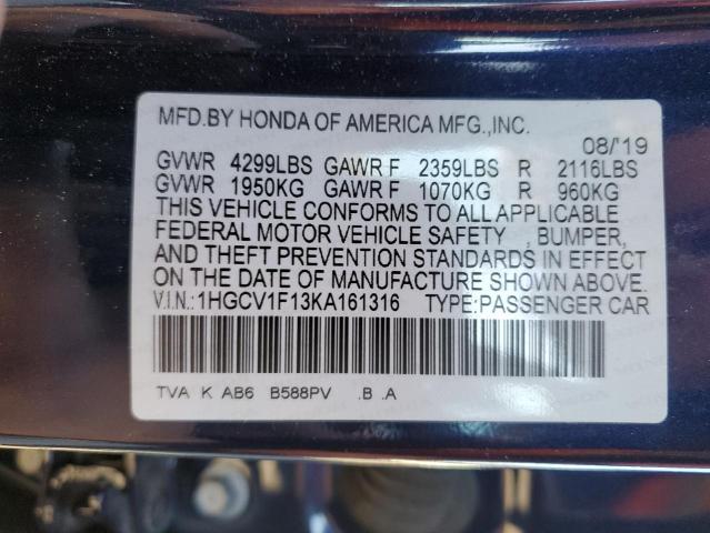 1HGCV1F13KA161316 - 2019 HONDA ACCORD LX BLUE photo 12