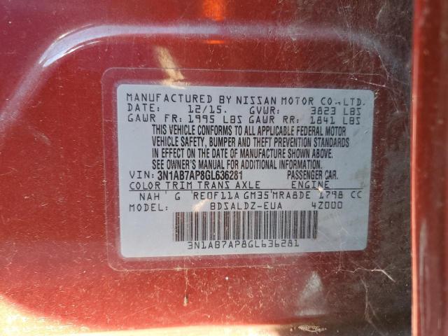 3N1AB7AP8GL636281 - 2016 NISSAN SENTRA S RED photo 12