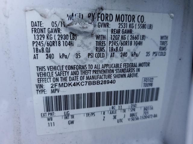 2FMDK4KC7BBB28940 - 2011 FORD EDGE LIMITED WHITE photo 12