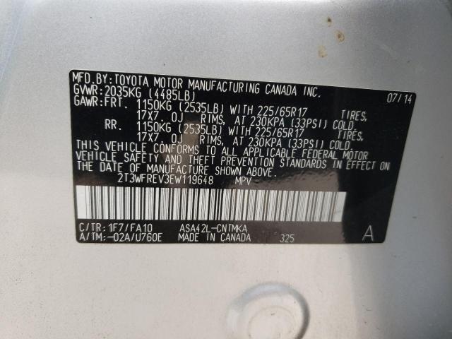 2T3WFREV3EW119648 - 2014 TOYOTA RAV4 XLE SILVER photo 12