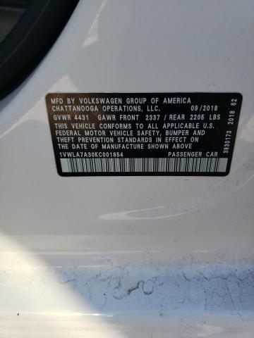 1VWLA7A30KC001854 - 2019 VOLKSWAGEN PASSAT WOLFSBURG WHITE photo 12