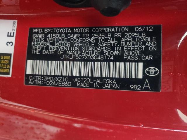 JTKJF5C7XD3048174 - 2013 TOYOTA SCION TC 红色 照片 10