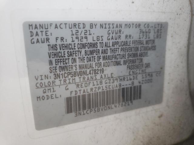 3N1CP5BV0NL478219 - 2022 NISSAN KICKS S WHITE photo 12