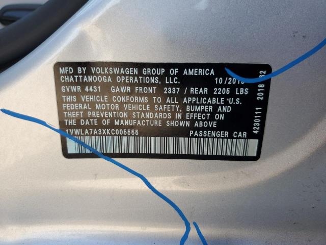 1VWLA7A3XKC005555 - 2019 VOLKSWAGEN PASSAT WOLFSBURG SILVER photo 13