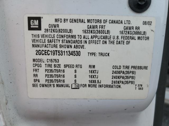 2GCEC19T531134530 - 2003 CHEVROLET SILVRK1500 C1500 WHITE photo 12