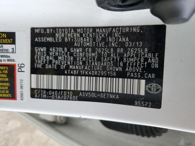 4T4BF1FK4DR295156 - 2013 TOYOTA CAMRY L WHITE photo 12