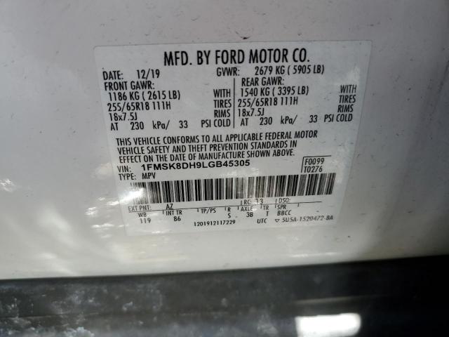 1FMSK8DH9LGB45305 - 2020 FORD EXPLORER XLT WHITE photo 12