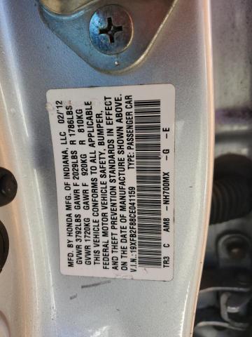 19XFB2F88CE041159 - 2012 HONDA CIVIC EX SILVER photo 13