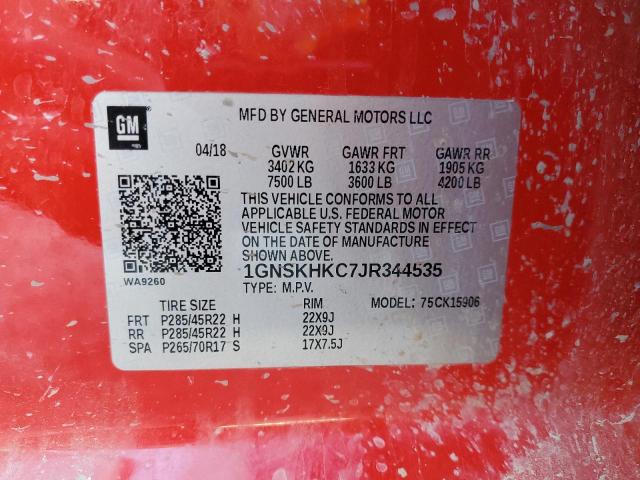 1GNSKHKC7JR344535 - 2018 CHEVROLET SUBURBAN K1500 LT RED photo 13