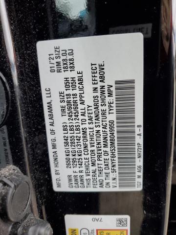 5FNYF6H53MB049950 - 2021 HONDA PILOT EXL BLACK photo 12