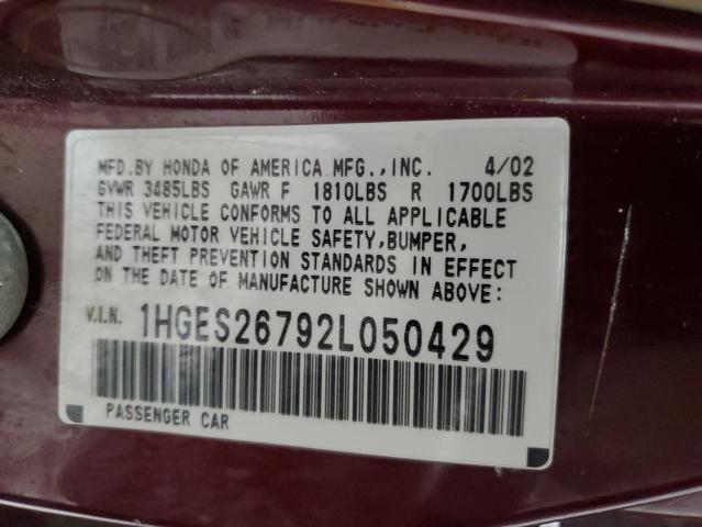 1HGES26792L050429 - 2002 HONDA CIVIC EX BURGUNDY photo 12