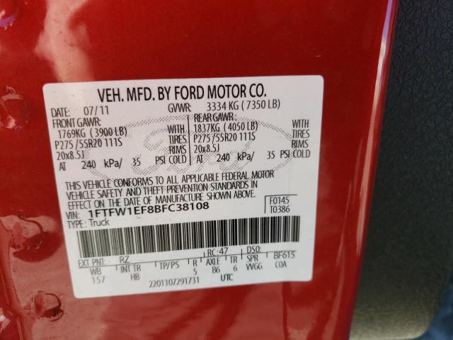 1FTFW1EF8BFC38108 - 2011 FORD F150 SUPERCREW RED photo 12