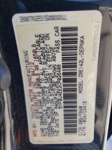 5YFBU4EE2CP026408 - 2012 TOYOTA COROLLA BASE BLACK photo 12