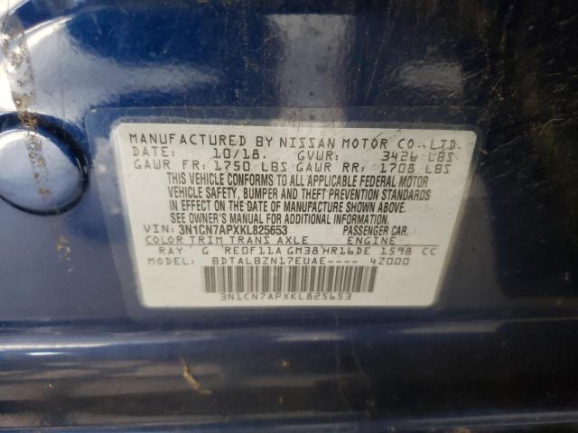 3N1CN7APXKL825653 - 2019 NISSAN VERSA S BLUE photo 12