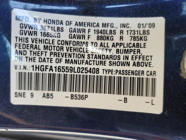 1HGFA16559L025408 - 2009 HONDA CIVIC LX BLUE photo 12