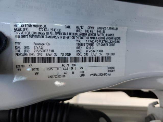 1FADP3M27HL224926 - 2017 FORD FOCUS SEL WHITE photo 12