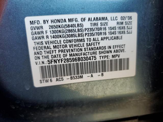 5FNYF28596B030475 - 2006 HONDA PILOT EX TEAL photo 12