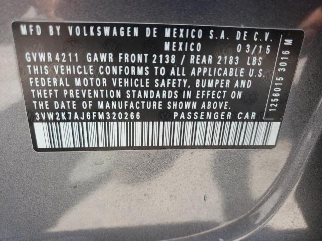 3VW2K7AJ6FM320266 - 2015 VOLKSWAGEN JETTA BASE 灰色 照片 10