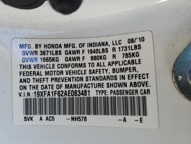 19XFA1F62AE083481 - 2010 HONDA CIVIC LX-S WHITE photo 13