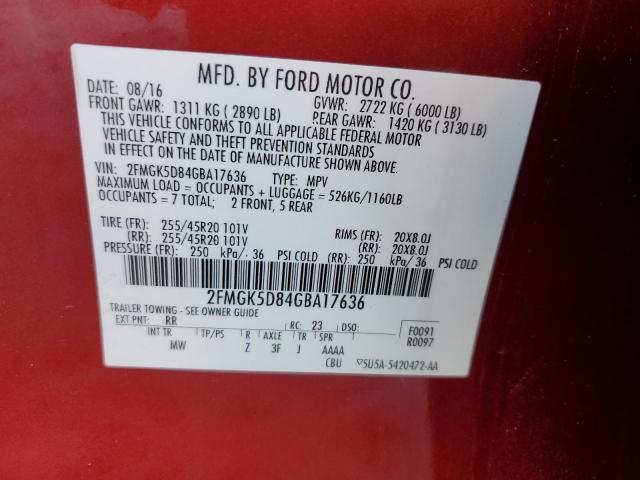 2FMGK5D84GBA17636 - 2016 FORD FLEX LIMITED RED photo 12