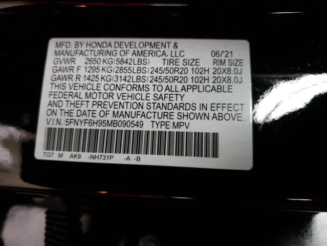 5FNYF6H95MB090549 - 2021 HONDA PILOT TOURING BLACK photo 13