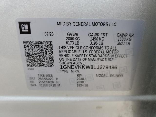 1GNEVKKW8LJ279496 - 2020 CHEVROLET TRAVERSE PREMIER SILVER photo 13