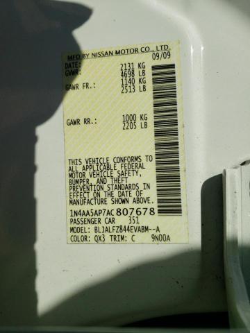 1N4AA5AP7AC807678 - 2010 NISSAN MAXIMA S WHITE photo 12