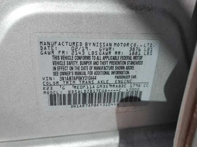 3N1AB7AP8KY310444 - 2019 NISSAN SENTRA S SILVER photo 13