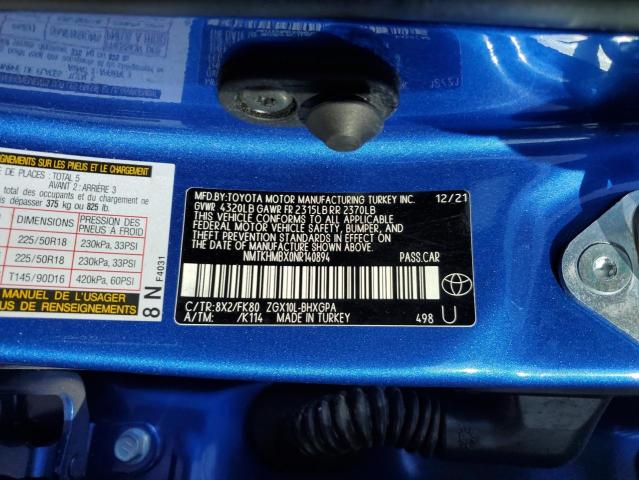 NMTKHMBX0NR140894 - 2022 TOYOTA C-HR XLE BLUE photo 14