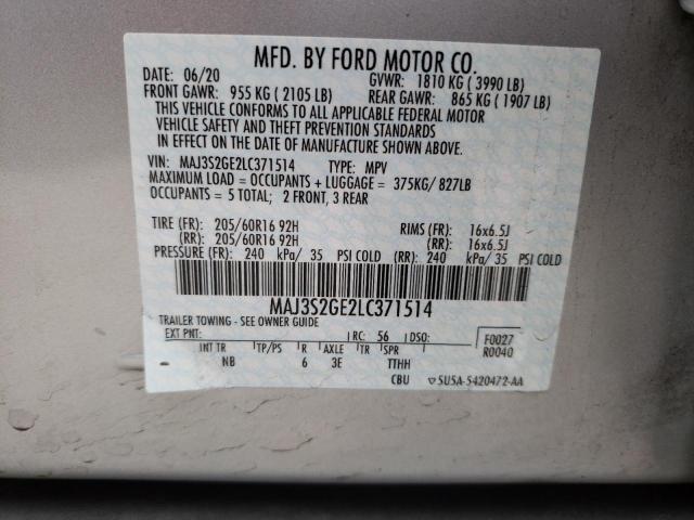 MAJ3S2GE2LC371514 - 2020 FORD ECOSPORT SE SILVER photo 12