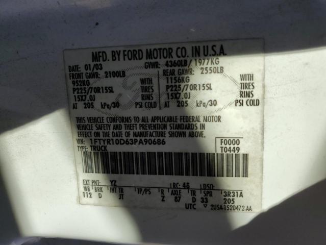 1FTYR10D63PA90686 - 2003 FORD RANGER WHITE photo 12