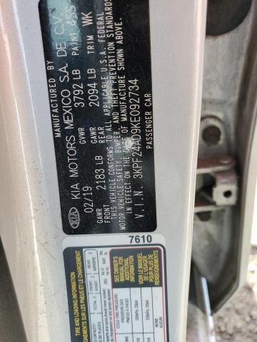 3KPF24AD9KE092734 - 2019 KIA FORTE FE SILVER photo 12