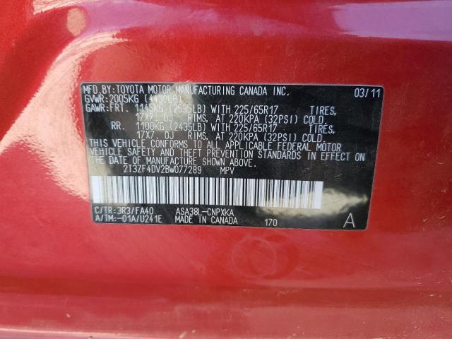 2T3ZF4DV2BW077289 - 2011 TOYOTA RAV4 RED photo 13