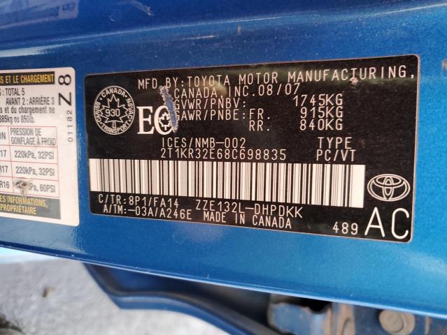 2T1KR32E68C698835 - 2008 TOYOTA COROLLA MA XR BLUE photo 12